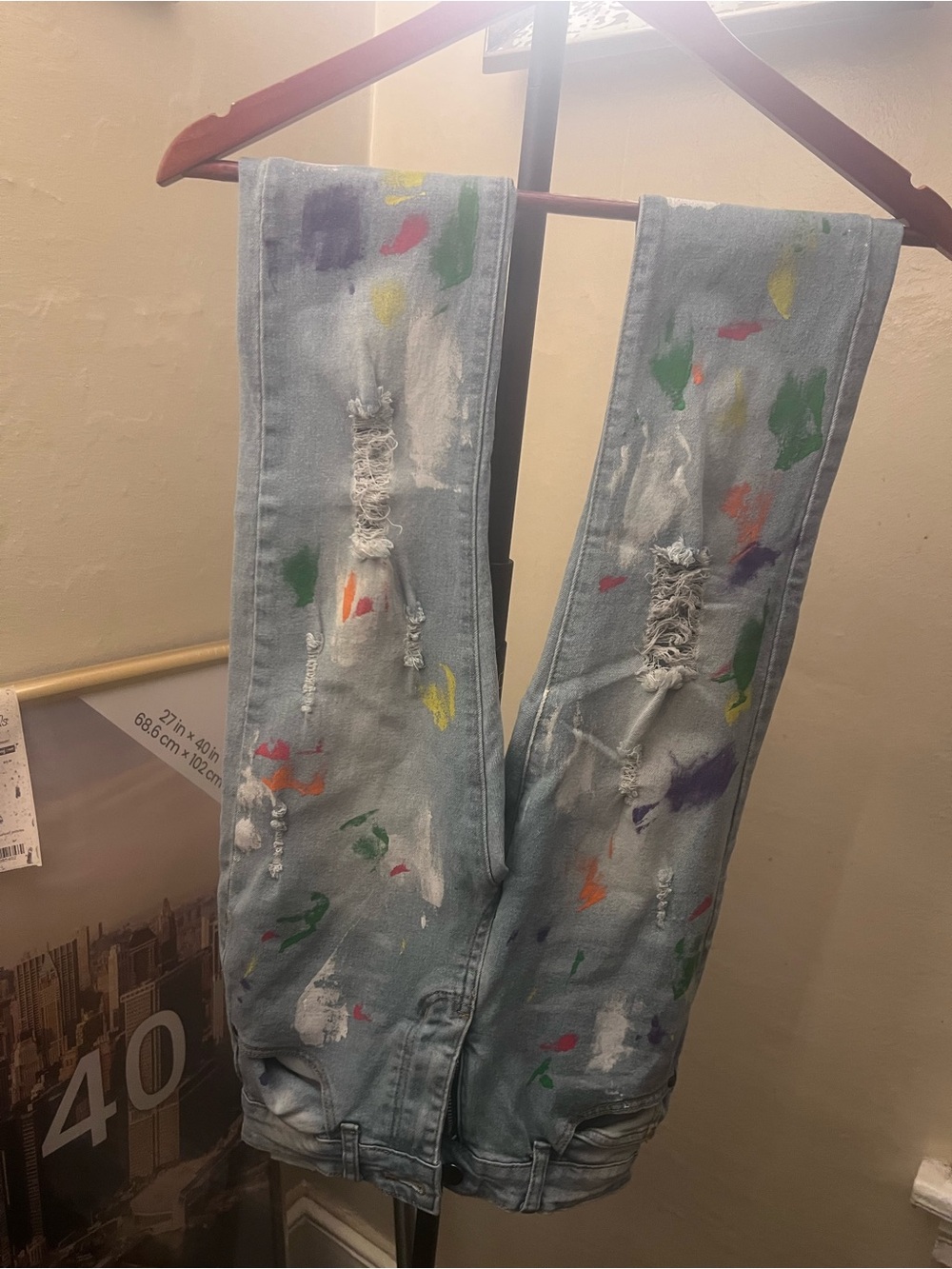 Light Wash Distressed  Boys Jeans with Multicolor Paint Splatters